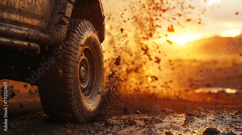 Thrilling moment as an off-road vehicle conquers the muddy terrain at dusk © Omtuanmuda