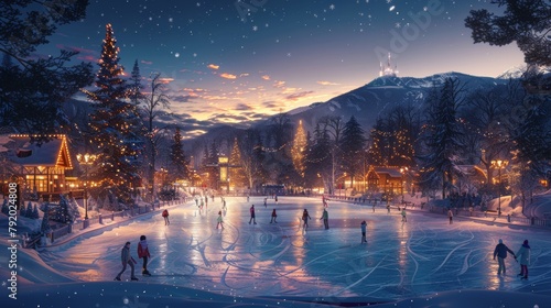 Enchanted evening at a festive ice skating rink surrounded by snow-covered trees and twinkling lights
