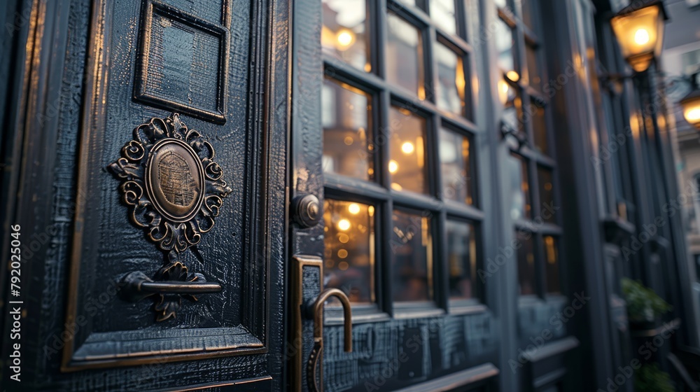Elegant dark blue door adorned with classic patterns and fresh flowers Elegant dark blue door adorned with classic patterns and fresh flowers