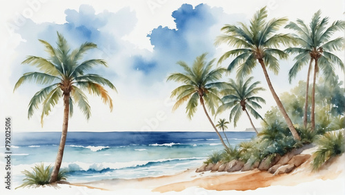 Coastal scene rendered in watercolor, showcasing palm trees overlooking the ocean, isolated against a white backdrop.