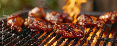 Deliciously grilled chicken drumsticks sizzling on a barbecue grill with flames, depicting summer outdoor cooking.