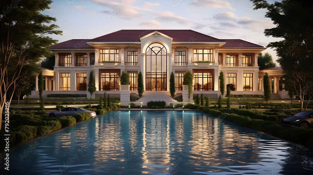 Panorama of luxury villa with swimming pool and garden at sunset