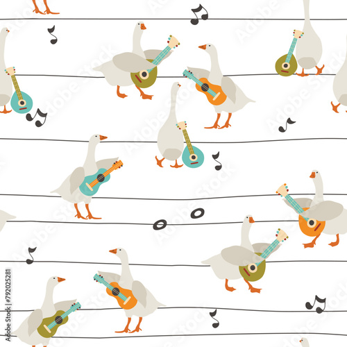 Geese with guitars vector seamless pattern. Music wallpaper design, musical fabric design with domestic birds
