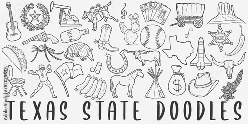 Texas Doodle Icons Black and White Line Art. Texan Clipart Hand Drawn Symbol Design. photo