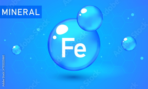 Mineral Fe Ferum blue shining pill capsule icon. Mineral Fe Ferum symbol. Mineral Vitamin complex with Chemical formula. Shining cyan substance drop. Meds for heath ads. Mineral Fe Ferum sign photo