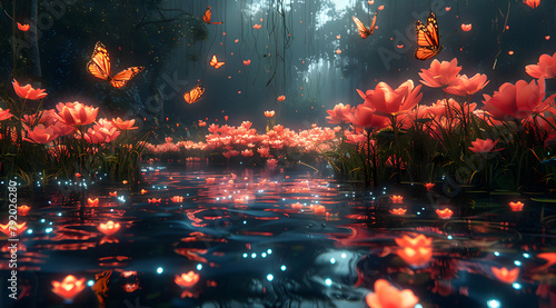 Glowing Reflections  Pools and Mirrors Dance with Bioluminescent Flora and Fauna
