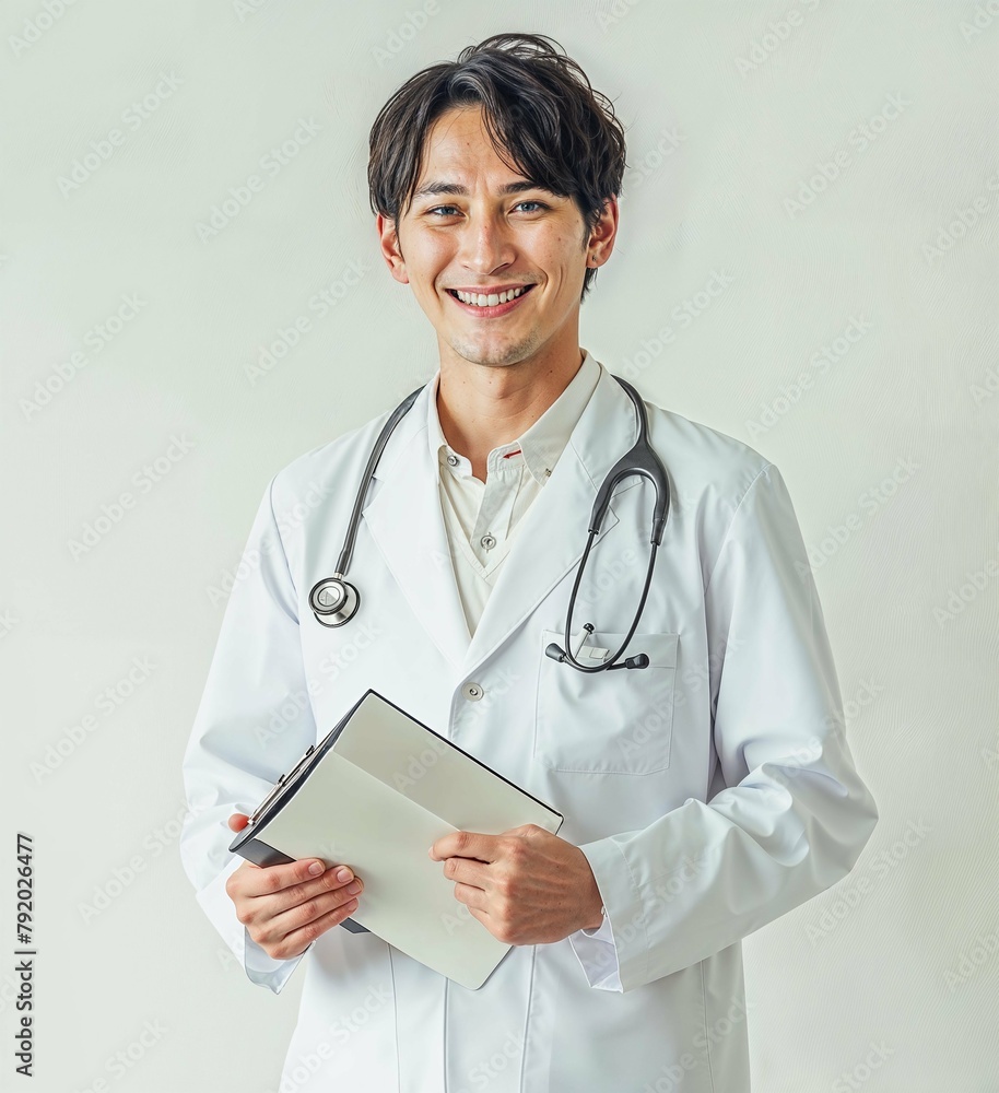 a Japanese Senior doctor with stethoscope in hospital setting Holding a document file, smiling face, clean background a Japanese Senior doctor with stethoscope in hospital setting Holding a document file, smiling face, clean background