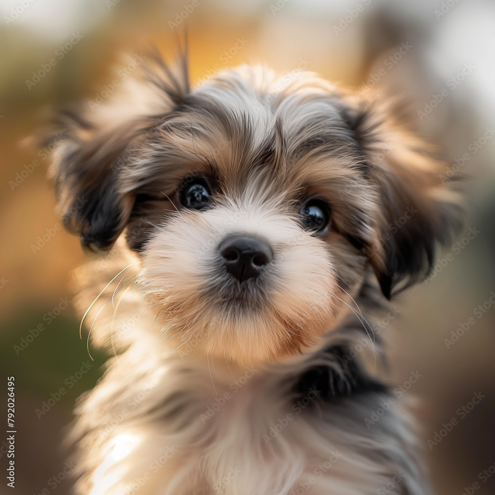 Close-up of a small fluffy puppy gazing curiously at the camera