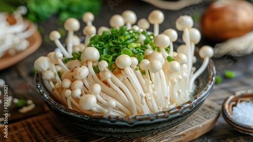 Comfort food dish with enoki mushrooms and sauce on the table photo