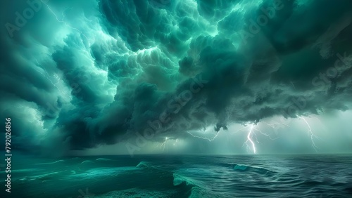 A dramatic stormy night sky with dark greenish-blue clouds, lightning, and wind. Concept Storm Photography, Night Sky, Lightning Strikes, Dark Clouds, Windy Weather