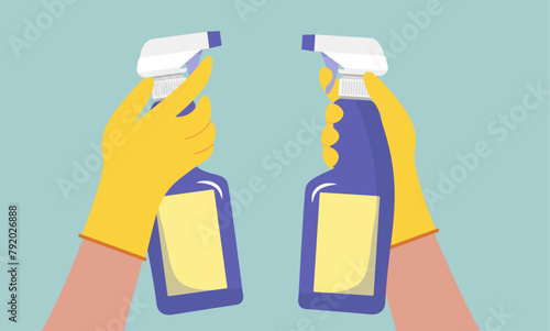 cleaning spray in hand with gloves vector flat style bubbles