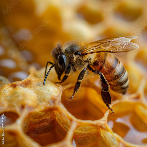 Macro shot of a honeybee on a honeycomb, dripping honey in the background © MaryKovs