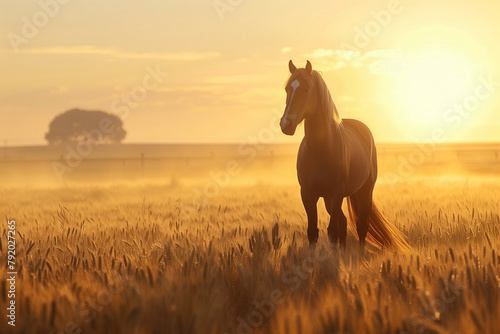 Majestic Chestnut Horse Basking in the Golden Sunrise Over a Wheat Field