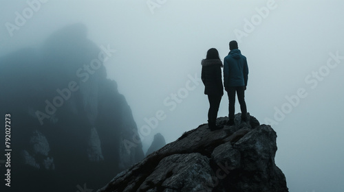 Man and woman standing separately on a high mountain cliff, each looking out into the misty distance, stark and cold mountain peaks behind them, symbolizing their emotional isolation photo
