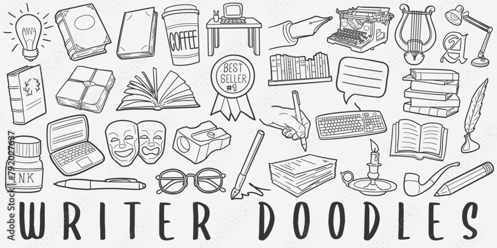 Writer Doodle Icons Black and White Line Art. Literature Clipart Hand Drawn Symbol Design. Writer Doodle Icons Black and White Line Art. Literature Clipart Hand Drawn Symbol Design.