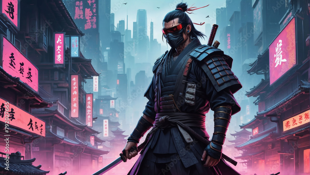 Dynamic D artwork featuring a samurai warrior in a cyberpunk cityscape.