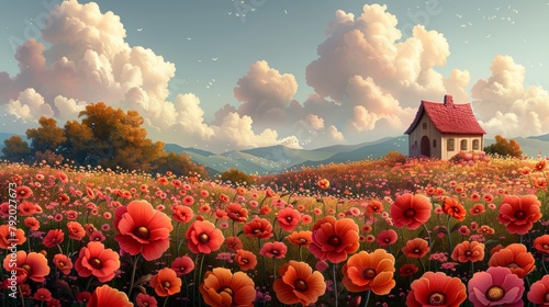Enchanting rural landscape with cozy house surrounded by vibrant poppy fields under a dreamy cloudy sky