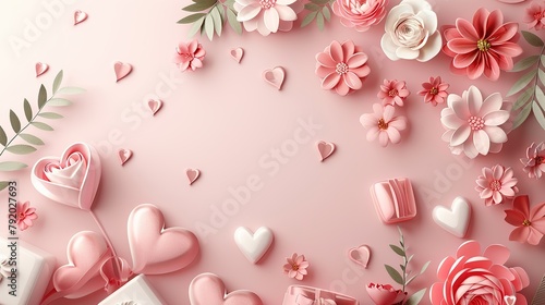 The image is a pink background with a white flower in the center and pink and white hearts scattered around it.