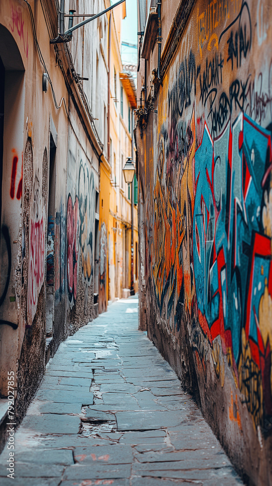 Fototapeta premium Vertical shot of a narrow alley adorned with graffiti
