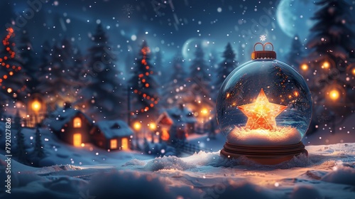 Magical winter scene with a snow globe and sparkling star in a snowy forest