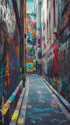 Vertical shot of a narrow alley adorned with graffiti © MaryKovs