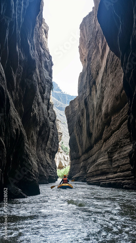 Vertical shot of a single raft descending a narrow