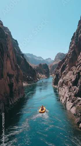 Vertical shot of a single raft descending a narrow