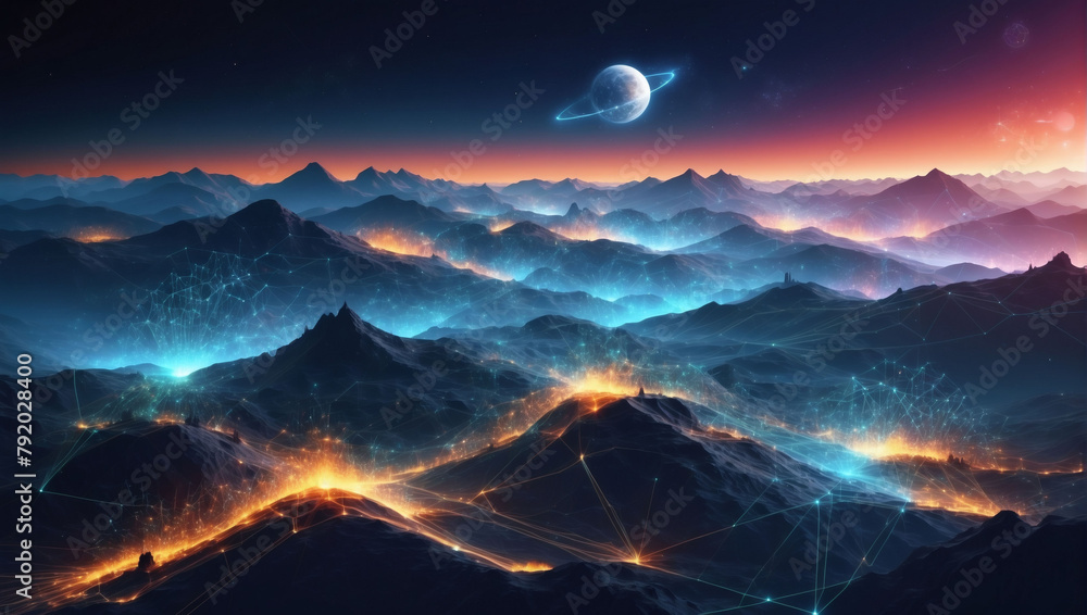 Dynamic abstract digital landscape, symbolizing the interconnectivity of internet networks and digital technologies.