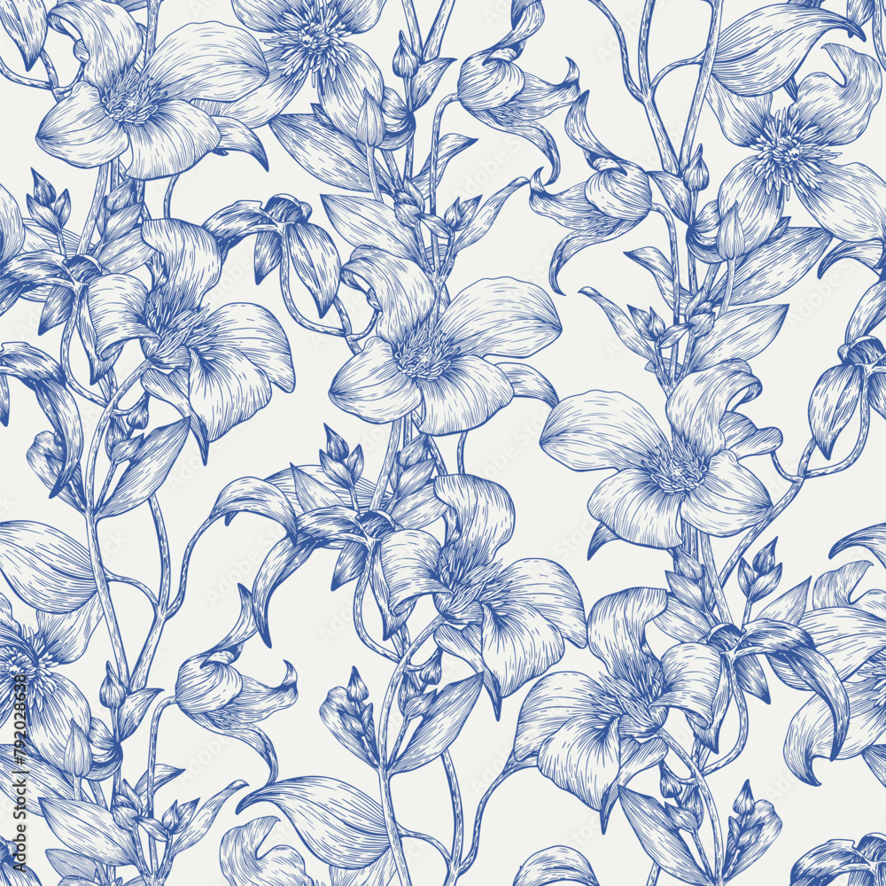 Toile art Floral vintage seamless pattern flowers of Clematis blue on a beige. Hand drawn vector background. Monochrome. Textiles, paper, fabric, wallpaper decoration