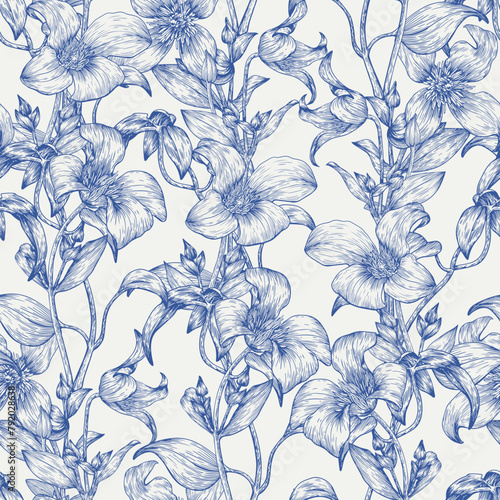 Toile art Floral vintage seamless pattern flowers of Clematis blue on a beige. Hand drawn vector background. Monochrome. Textiles, paper, fabric, wallpaper decoration