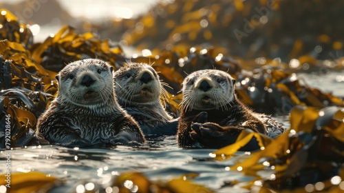 A family of playful sea otters floating on their backs in the gentle currents of a coastal kelp forest, their furry bodies bobbing amidst the swaying fronds photo