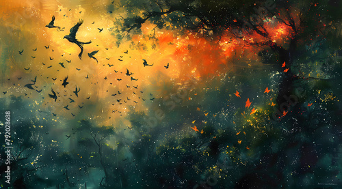 Legendary Burst: Oil Painting Featuring Phoenixes, Dragons, and Butterflies in Dramatic Scene