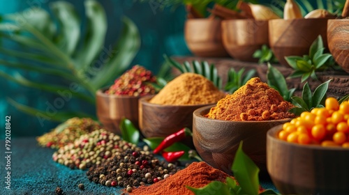 Array of exotic spices and herbs in bowls on a red background