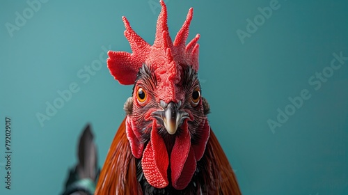 A black rooster stands before a blue wall. Agriculture and farming concept photo