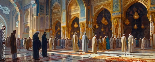 Individuals in traditional attire engaging in prayer within the sprawling, ornately decorated confines of a mosque.