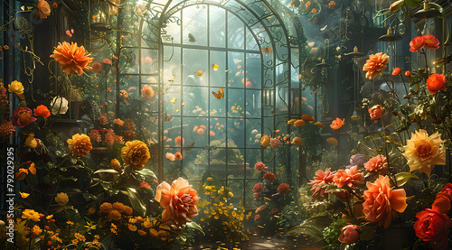 Mechanical Garden Mirage: Oil Painting Blending Nature's Beauty with Industrial Innovation