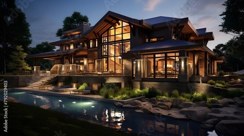 3d rendering of modern cozy chalet with pool and parking for sale or rent. Beautiful forest mountains on background. Clear summer night with many stars on the sky.