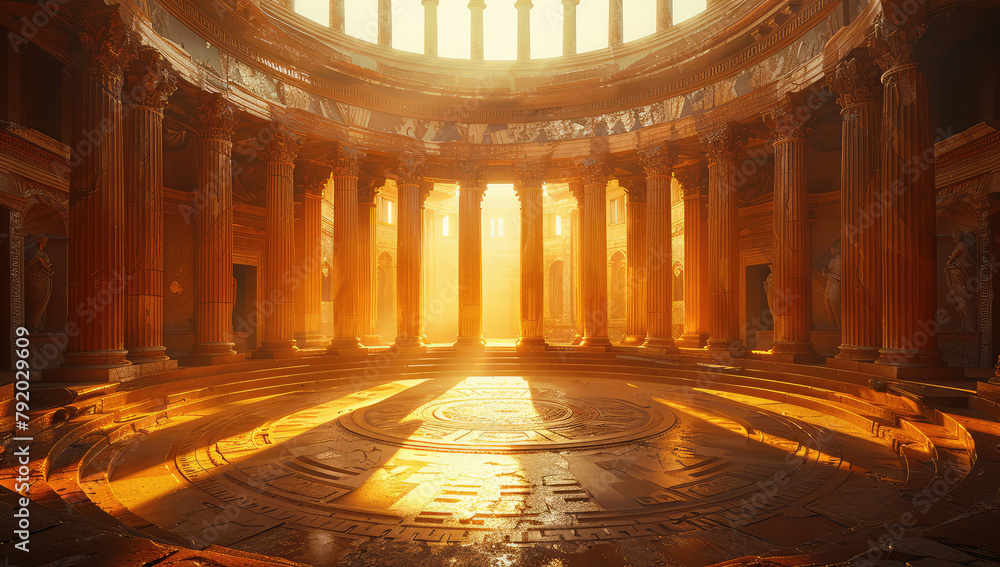 Screencap of the new fantasy film, inside an ancient circular temple with golden sunlight streaming in through windows. Created with Ai