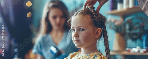 A loving mother gently braids her daughter's hair in an intimate family moment.