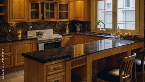 luxury wooden golden kitchen and full light