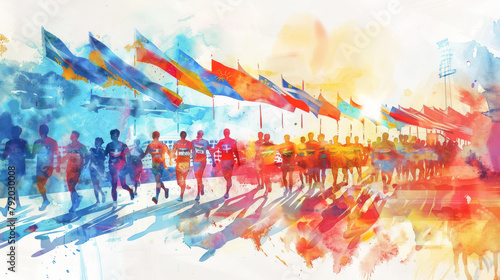 A dynamic watercolor style painting capturing the essence of athletes in motion, infused with a vivid explosion of colors symbolizing the energy of the Olympic Games.