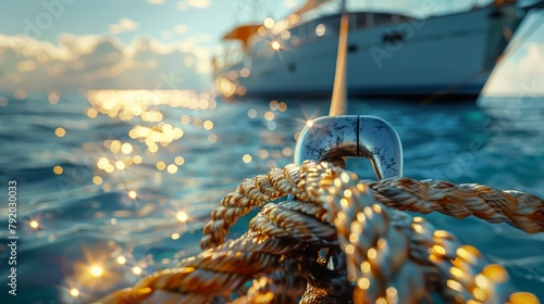 Close-up of nautical ropes with yacht and sparkling sea backdrop