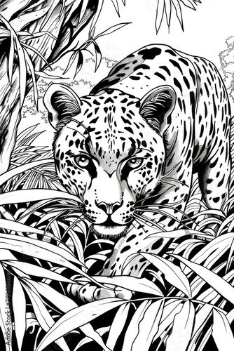 A black and white drawing of a leopard prowling through the jungle, showcasing its sleek fur and sharp features amidst lush foliage