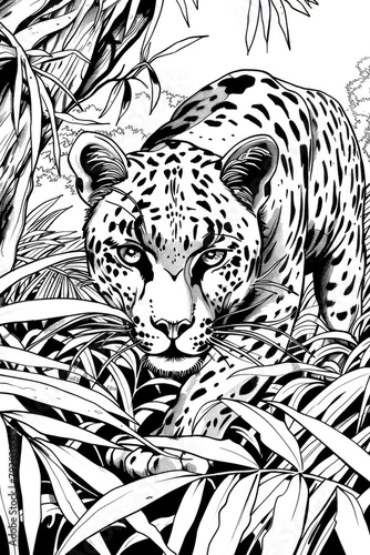 Obraz A black and white drawing of a leopard prowling through the jungle, showcasing its sleek fur and sharp features amidst lush foliage
