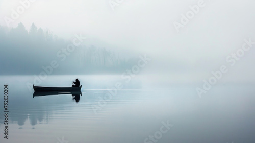 A person is rowing a boat on a misty lake, with fog covering the water and surrounding trees, creating an eerie atmosphere