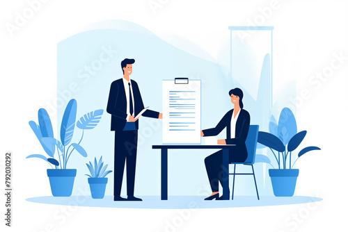 Business graphic vector modern style illustration of business people signing agreement contract agreeing terms of project or employment work together office environment city workplace awarded job