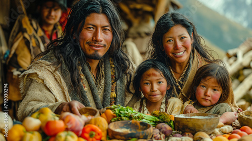 Indigenous Family Sharing a Moment Together with Harvested Vegetables