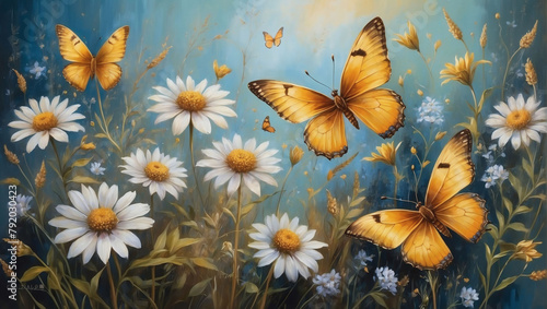 Ethereal wildflowers and golden butterflies depicted in oil paint.