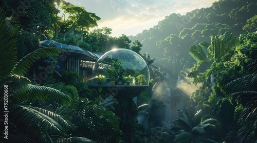 A futuristic eco-dome nestled within a lush rainforest canopy, its transparent walls offering uninterrupted views of the verdant landscape beyond.