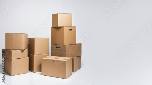 Boxes for moving in apartment on white background.